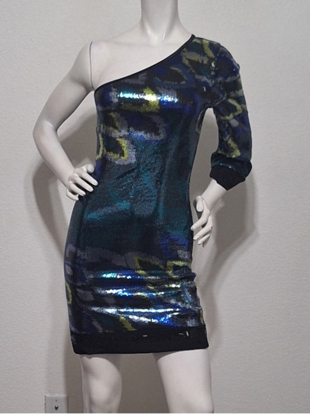 Hale Bob Multicolor Peacock Sequins Mobwife Y2K One Shoulder  Mini Dress Size XS